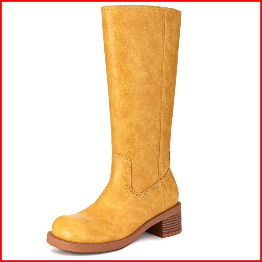 Knee High Boots Square Toe Chunky Block Low Heel Riding Tall Boots